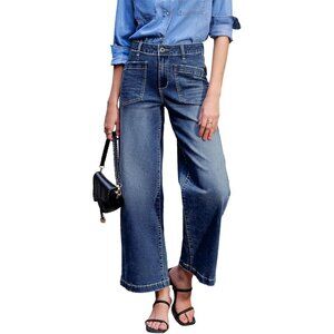 Women's Wide Leg Jeans High Waisted Stretch Denim Ankle Casual Trousers